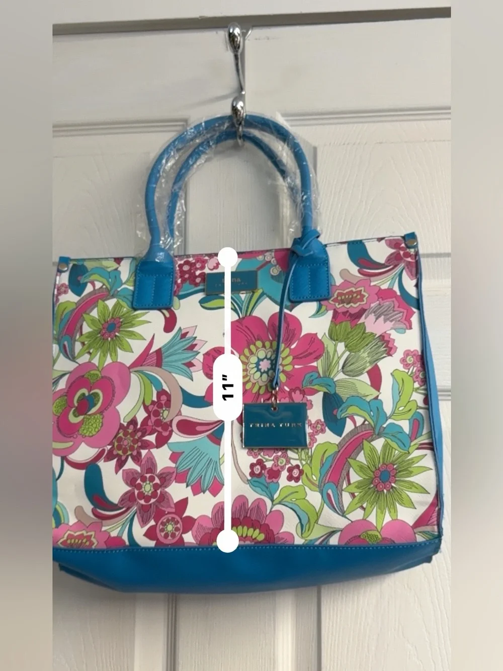 Trina Turk Multicolor Floral Tote with Blue Trim